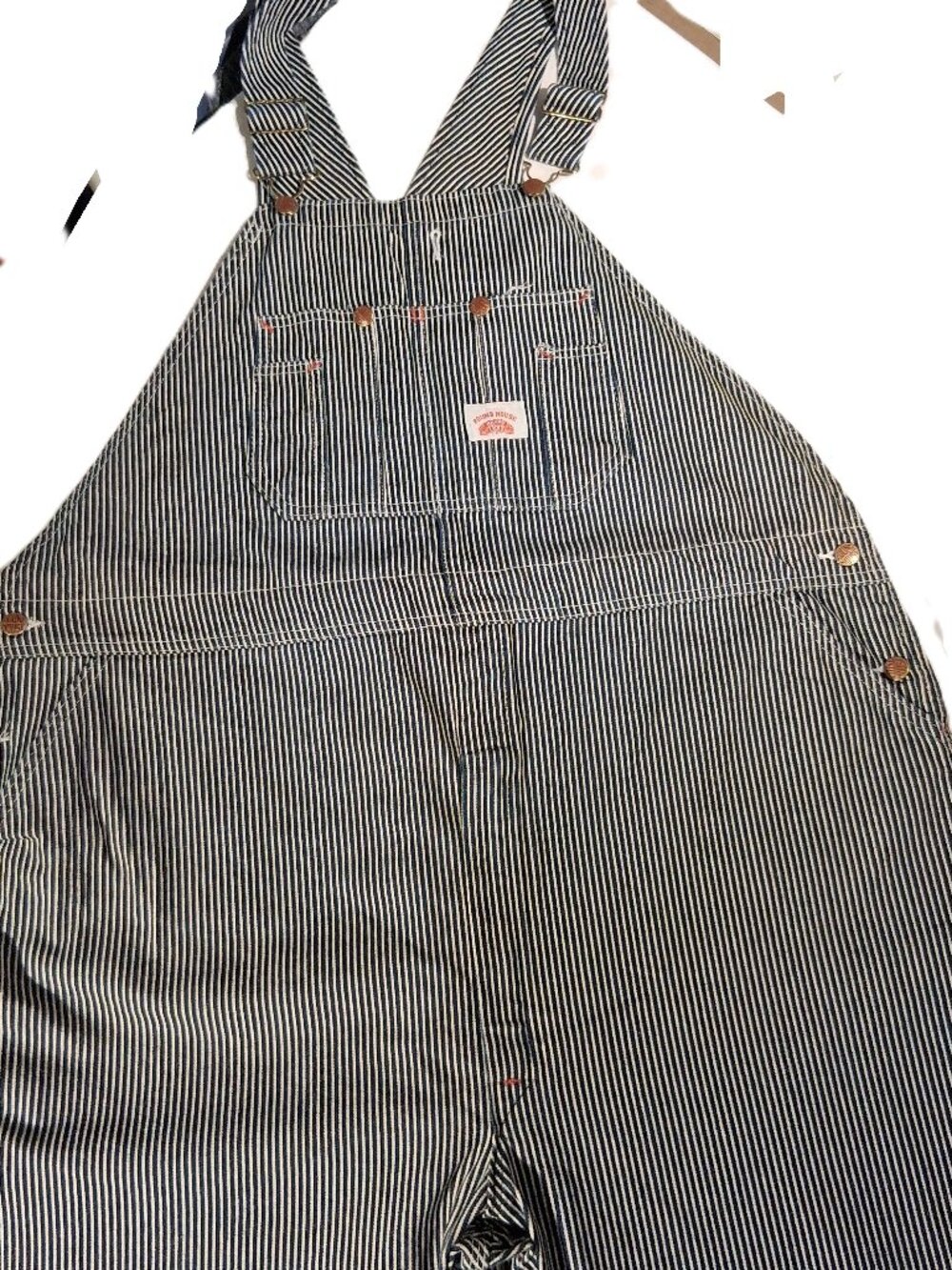 ROUND HOUSE Hickory Stripe Bib Overalls  50 x 33  Conductor Denim  Made USA  EXC
